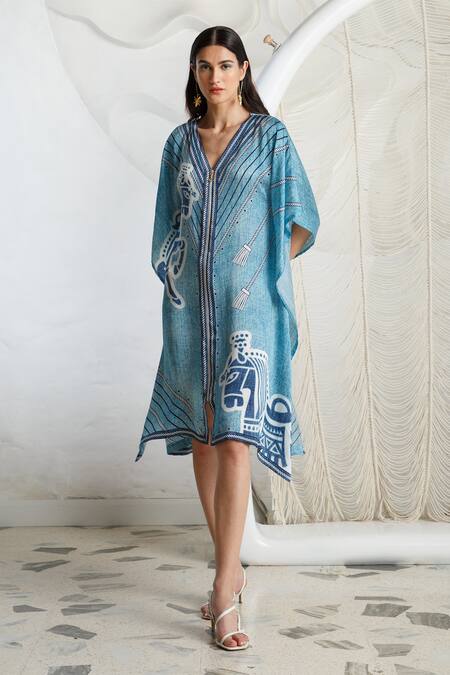 Shop Kamaali Pret Blue Bamberg Satin Horse Motif V Neck Print Shift Dress Online at Aza Fashions Shop_Kamaali Pret_Blue Bamberg Satin Horse Motif V Neck Print Shift Dress _Online_at_Aza_Fashions