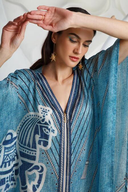 Kamaali Pret Blue Bamberg Satin Horse Motif V Neck Print Shift Dress at Aza Fashions Kamaali Pret_Blue Bamberg Satin Horse Motif V Neck Print Shift Dress _at_Aza_Fashions