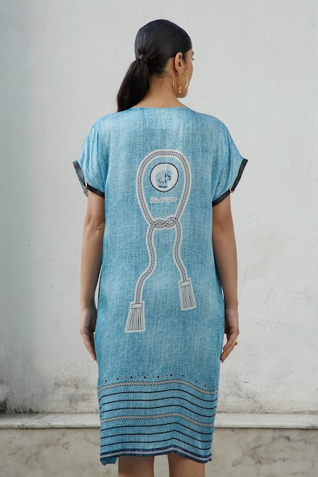Shop Kamaali Pret Blue Bamberg Satin Horse Motif V Neck Woven Print Shift Dress at Aza Fashions Shop_Kamaali Pret_Blue Bamberg Satin Horse Motif V Neck Woven Print Shift Dress _at_Aza_Fashions