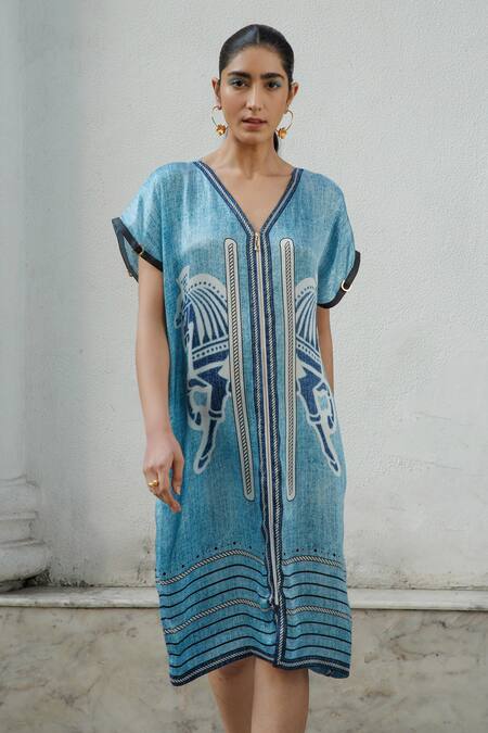 Buy Kamaali Pret Blue Bamberg Satin Horse Motif V Neck Woven Print Shift Dress Online at Aza Fashions Buy_Kamaali Pret_Blue Bamberg Satin Horse Motif V Neck Woven Print Shift Dress _Online_at_Aza_Fashions