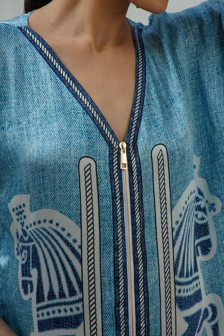 Shop Kamaali Pret Blue Bamberg Satin Horse Motif V Neck Woven Print Shift Dress Online at Aza Fashions Shop_Kamaali Pret_Blue Bamberg Satin Horse Motif V Neck Woven Print Shift Dress _Online_at_Aza_Fashions