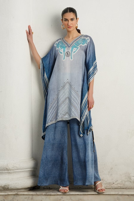 Kamaali Pret Blue Bamberg Satin Printed Rope And Horse Motifs V Kaftan & Pant Set