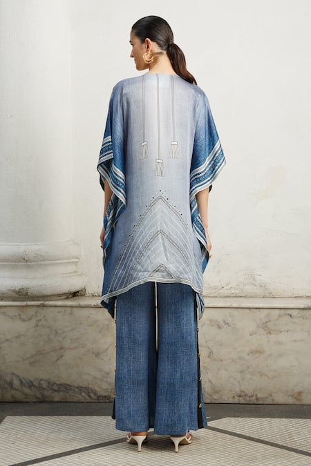 Shop Kamaali Pret Blue Bamberg Satin Printed Rope And Horse Motifs V Kaftan & Pant Set at Aza Fashions Shop_Kamaali Pret_Blue Bamberg Satin Printed Rope And Horse Motifs V Kaftan & Pant Set _at_Aza_Fashions