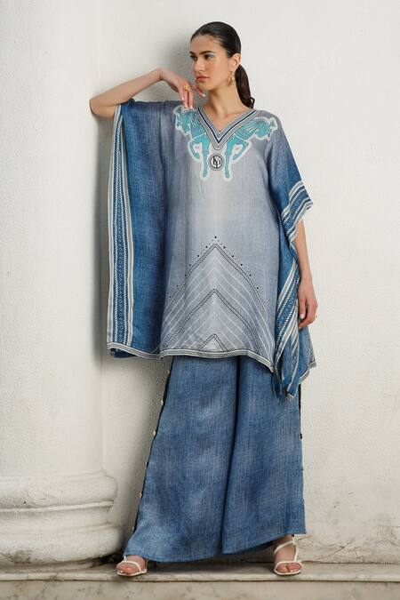 Kamaali Pret Blue Bamberg Satin Printed Rope And Horse Motifs V Kaftan & Pant Set Online at Aza Fashions Kamaali Pret_Blue Bamberg Satin Printed Rope And Horse Motifs V Kaftan & Pant Set _Online_at_Aza_Fashions