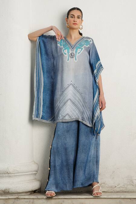 Buy Kamaali Pret Blue Bamberg Satin Printed Rope And Horse Motifs V Kaftan & Pant Set Online at Aza Fashions Buy_Kamaali Pret_Blue Bamberg Satin Printed Rope And Horse Motifs V Kaftan & Pant Set _Online_at_Aza_Fashions