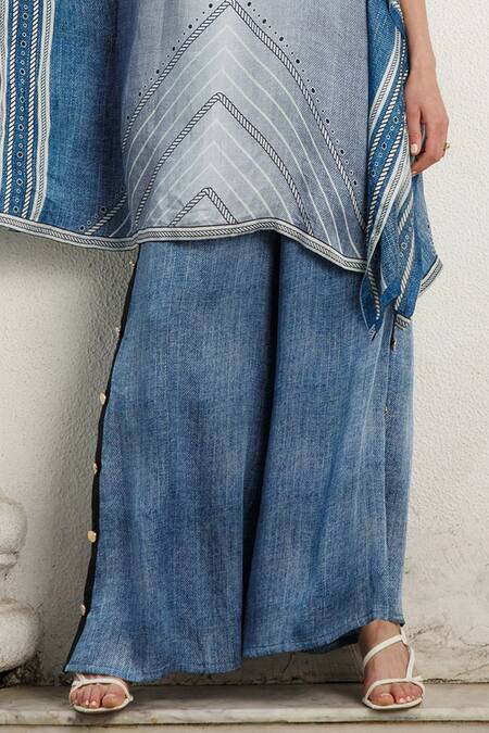 Shop Kamaali Pret Blue Bamberg Satin Printed Rope And Horse Motifs V Kaftan & Pant Set Online at Aza Fashions Shop_Kamaali Pret_Blue Bamberg Satin Printed Rope And Horse Motifs V Kaftan & Pant Set _Online_at_Aza_Fashions