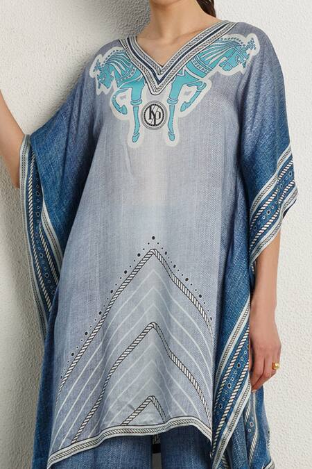 Kamaali Pret Blue Bamberg Satin Printed Rope And Horse Motifs V Kaftan & Pant Set at Aza Fashions Kamaali Pret_Blue Bamberg Satin Printed Rope And Horse Motifs V Kaftan & Pant Set _at_Aza_Fashions