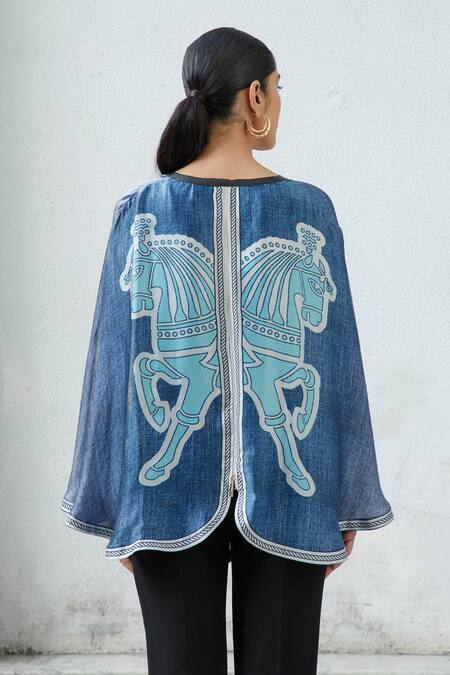 Shop Kamaali Pret Blue Bamberg Satin Horse Motif V Neck Printed Cape at Aza Fashions Shop_Kamaali Pret_Blue Bamberg Satin Horse Motif V Neck Printed Cape _at_Aza_Fashions
