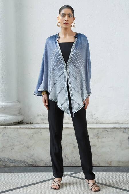 Kamaali Pret Blue Bamberg Satin Horse Motif V Neck Printed Cape Online at Aza Fashions Kamaali Pret_Blue Bamberg Satin Horse Motif V Neck Printed Cape _Online_at_Aza_Fashions