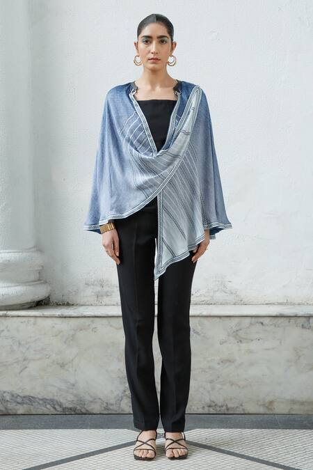 Buy Kamaali Pret Blue Bamberg Satin Horse Motif V Neck Printed Cape Online at Aza Fashions Buy_Kamaali Pret_Blue Bamberg Satin Horse Motif V Neck Printed Cape _Online_at_Aza_Fashions
