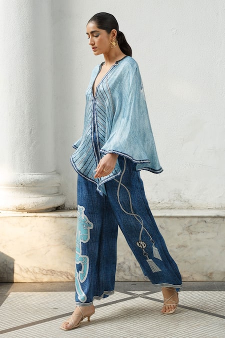 Buy_Kamaali Pret_Blue Bamberg Satin Horse Motif V Neck Printed Cape And Flared Pant Set _Online_at_Aza_Fashions