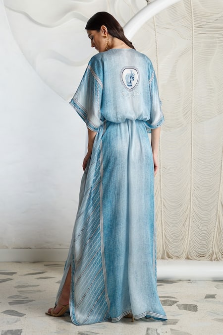 Shop Kamaali Pret Blue Bamberg Satin Horse Motif V Neck Print Kaftan at Aza Fashions Shop_Kamaali Pret_Blue Bamberg Satin Horse Motif V Neck Print Kaftan _at_Aza_Fashions
