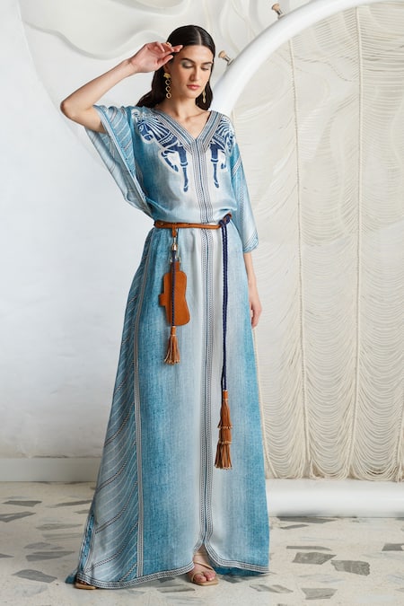 Kamaali Pret Blue Bamberg Satin Horse Motif V Neck Print Kaftan Online at Aza Fashions Kamaali Pret_Blue Bamberg Satin Horse Motif V Neck Print Kaftan _Online_at_Aza_Fashions