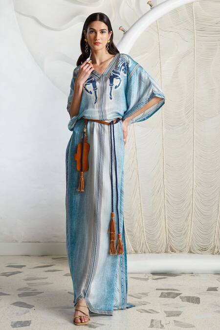 Buy Kamaali Pret Blue Bamberg Satin Horse Motif V Neck Print Kaftan Online at Aza Fashions Buy_Kamaali Pret_Blue Bamberg Satin Horse Motif V Neck Print Kaftan _Online_at_Aza_Fashions