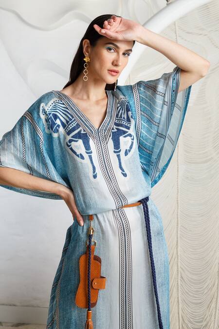 Shop Kamaali Pret Blue Bamberg Satin Horse Motif V Neck Print Kaftan Online at Aza Fashions Shop_Kamaali Pret_Blue Bamberg Satin Horse Motif V Neck Print Kaftan _Online_at_Aza_Fashions