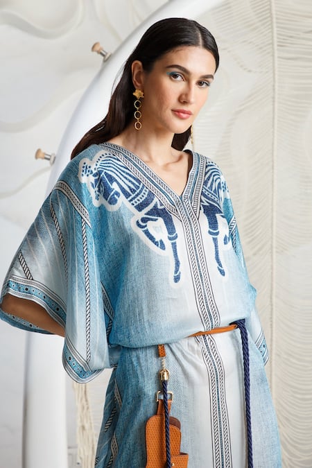 Kamaali Pret Blue Bamberg Satin Horse Motif V Neck Print Kaftan at Aza Fashions Kamaali Pret_Blue Bamberg Satin Horse Motif V Neck Print Kaftan _at_Aza_Fashions