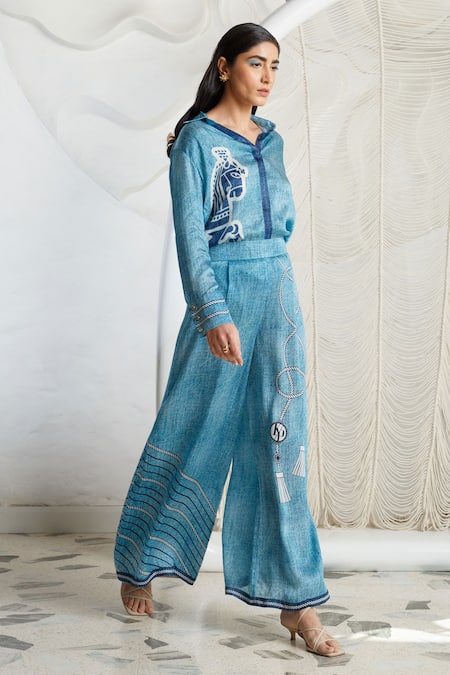 Shop Kamaali Pret Blue Bamberg Satin Horse, Rope, Striped Motif Collared Print Shirt And Pant Set at Aza Fashions Shop_Kamaali Pret_Blue Bamberg Satin Horse, Rope, Striped Motif Collared Print Shirt And Pant Set _at_Aza_Fashions
