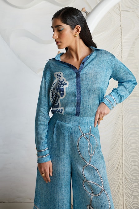 Kamaali Pret Blue Bamberg Satin Horse, Rope, Striped Motif Collared Print Shirt And Pant Set Online at Aza Fashions Kamaali Pret_Blue Bamberg Satin Horse, Rope, Striped Motif Collared Print Shirt And Pant Set _Online_at_Aza_Fashions