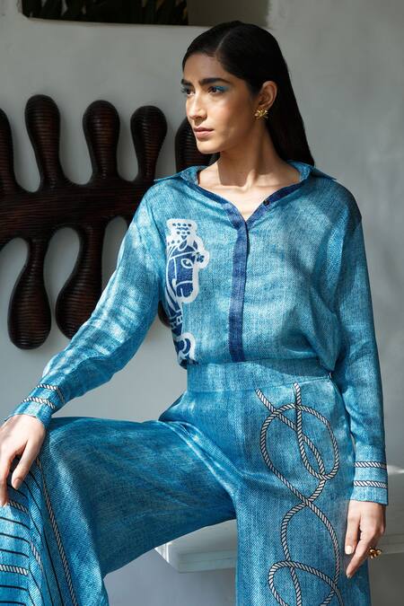 Buy Kamaali Pret Blue Bamberg Satin Horse, Rope, Striped Motif Collared Print Shirt And Pant Set Online at Aza Fashions Buy_Kamaali Pret_Blue Bamberg Satin Horse, Rope, Striped Motif Collared Print Shirt And Pant Set _Online_at_Aza_Fashions