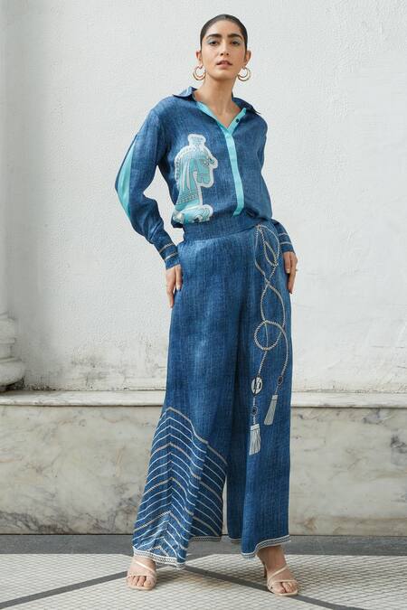 Kamaali Pret_Blue Bamberg Satin Horse, Rope, Striped Motif Collared Printed Shirt And Pant Set _Online_at_Aza_Fashions