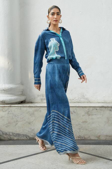 Buy_Kamaali Pret_Blue Bamberg Satin Horse, Rope, Striped Motif Collared Printed Shirt And Pant Set _Online_at_Aza_Fashions
