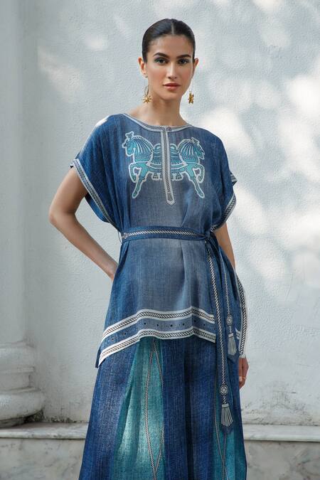 Shop_Kamaali Pret_Blue Bamberg Satin Printed Rope Round Horse Kaftan And Pant Set  _Online_at_Aza_Fashions