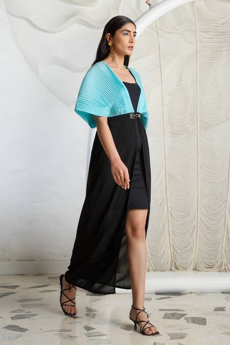 Kamaali Pret Black Micro Polyester Front Open Pleated Color Block Cover Up Online at Aza Fashions Kamaali Pret_Black Micro Polyester Front Open Pleated Color Block Cover Up _Online_at_Aza_Fashions