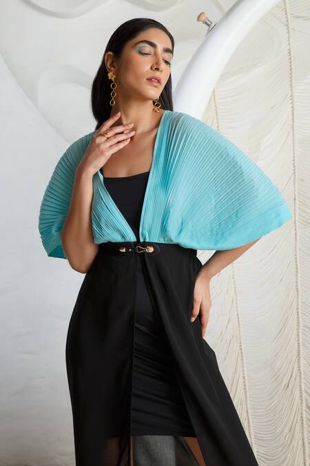 Buy Kamaali Pret Black Micro Polyester Front Open Pleated Color Block Cover Up Online at Aza Fashions Buy_Kamaali Pret_Black Micro Polyester Front Open Pleated Color Block Cover Up _Online_at_Aza_Fashions