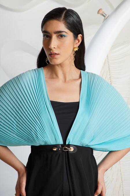 Shop Kamaali Pret Black Micro Polyester Front Open Pleated Color Block Cover Up Online at Aza Fashions Shop_Kamaali Pret_Black Micro Polyester Front Open Pleated Color Block Cover Up _Online_at_Aza_Fashions