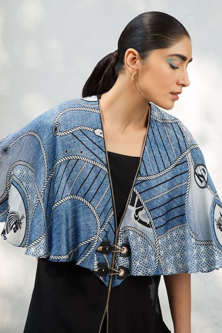 Kamaali Pret_Blue Bamberg Satin, Micro Polyester Geometric, Horse V-neck Printed Cape Jacket_Online_at_Aza_Fashions