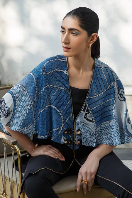Shop_Kamaali Pret_Blue Bamberg Satin, Micro Polyester Geometric, Horse V-neck Printed Cape Jacket_Online_at_Aza_Fashions