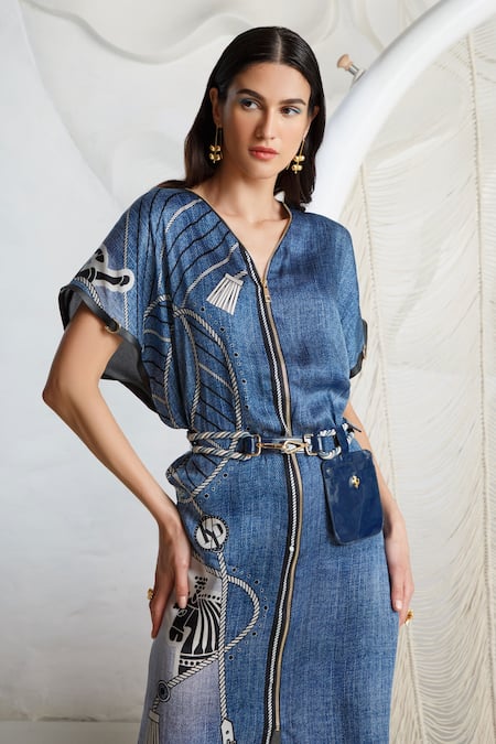 Kamaali Pret Blue Bamberg Satin, Micro Polyester Rope And Horse Motifs V Printed Shift Dress Online at Aza Fashions Kamaali Pret_Blue Bamberg Satin, Micro Polyester Rope And Horse Motifs V Printed Shift Dress _Online_at_Aza_Fashions