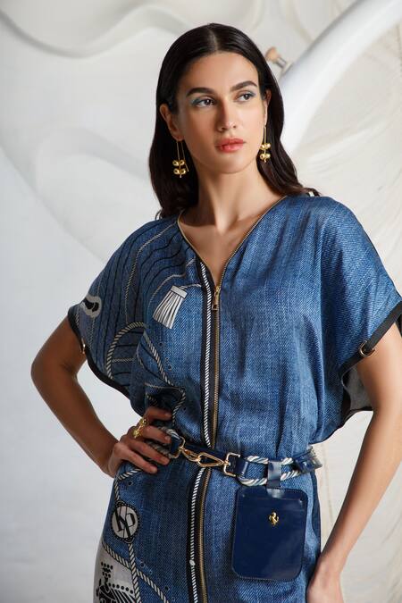 Shop Kamaali Pret Blue Bamberg Satin, Micro Polyester Rope And Horse Motifs V Printed Shift Dress Online at Aza Fashions Shop_Kamaali Pret_Blue Bamberg Satin, Micro Polyester Rope And Horse Motifs V Printed Shift Dress _Online_at_Aza_Fashions