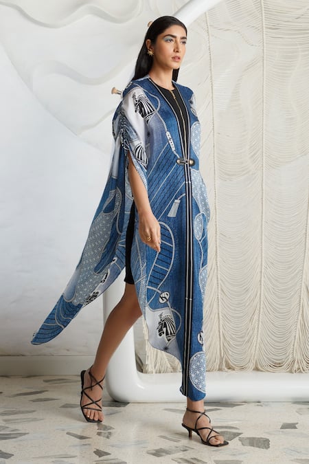 Kamaali Pret_Blue Bamberg Satin Rope And Horse Motifs Round Print Cape _Online_at_Aza_Fashions