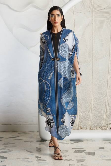 Buy_Kamaali Pret_Blue Bamberg Satin Rope And Horse Motifs Round Print Cape _Online_at_Aza_Fashions