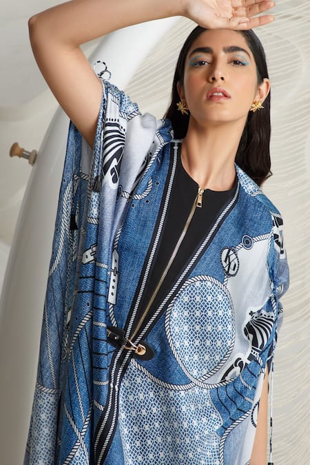Shop_Kamaali Pret_Blue Bamberg Satin Rope And Horse Motifs Round Print Cape _Online_at_Aza_Fashions