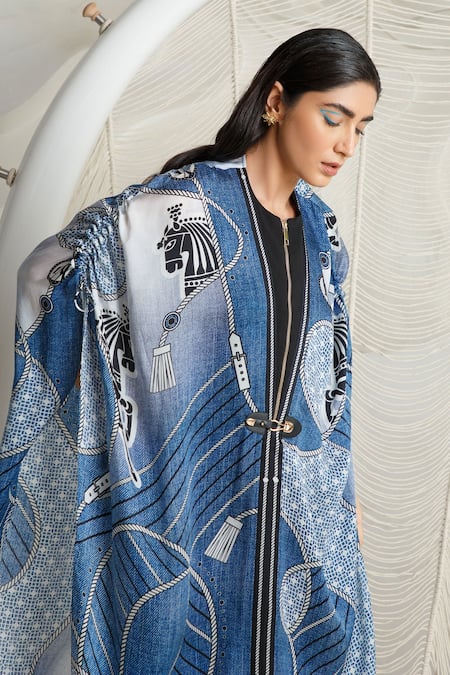 Kamaali Pret_Blue Bamberg Satin Rope And Horse Motifs Round Print Cape _at_Aza_Fashions