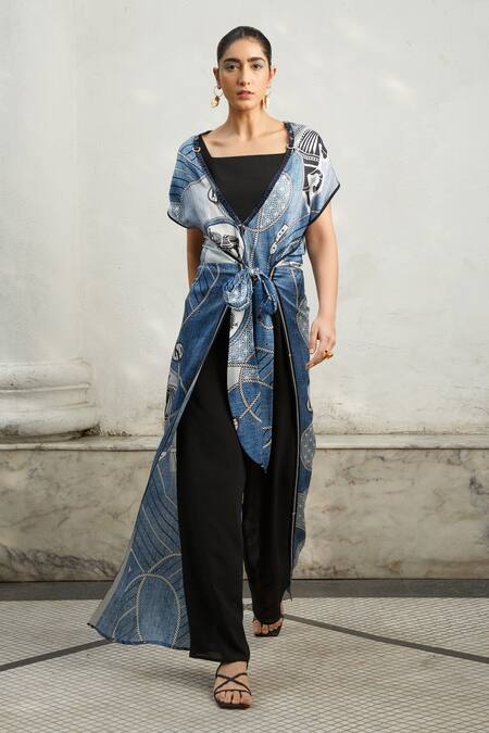 Kamaali Pret_Blue Bamberg Satin, Micro Polyester Horse Motif V Neck Printed Wrap Jumpsuit _Online_at_Aza_Fashions