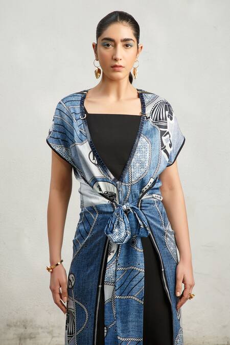 Shop_Kamaali Pret_Blue Bamberg Satin, Micro Polyester Horse Motif V Neck Printed Wrap Jumpsuit _Online_at_Aza_Fashions