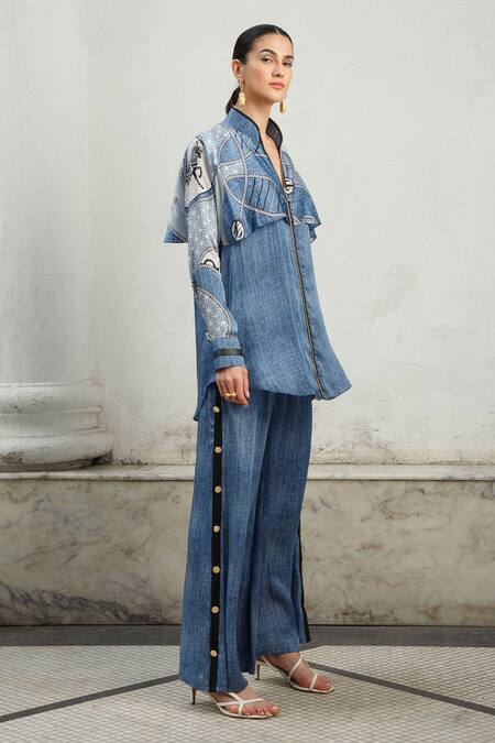 Kamaali Pret_Blue Bamberg Satin Rope And Horse Motifs Band Collar Printed Flap Shirt & Pant Set _Online_at_Aza_Fashions