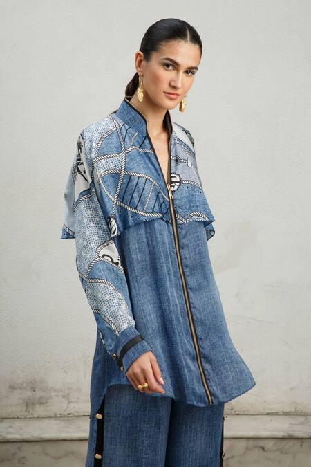 Buy_Kamaali Pret_Blue Bamberg Satin Rope And Horse Motifs Band Collar Printed Flap Shirt & Pant Set _Online_at_Aza_Fashions