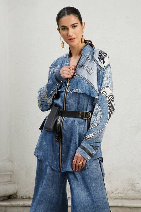 Shop_Kamaali Pret_Blue Bamberg Satin Rope And Horse Motifs Band Collar Printed Flap Shirt & Pant Set _Online_at_Aza_Fashions