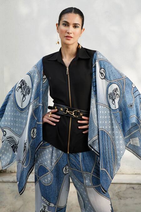 Kamaali Pret_Black Bamberg Satin Printed Rope And Horse Motifs Sleeve Top & Pant Set  _Online_at_Aza_Fashions
