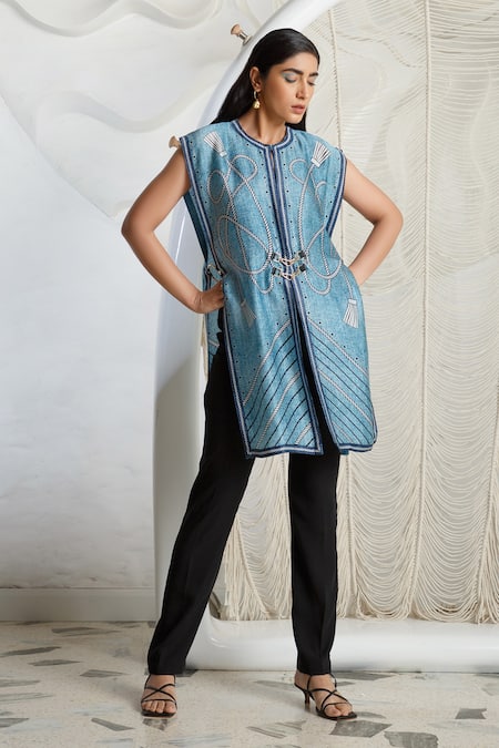 Buy_Kamaali Pret_Blue Bamberg Satin Printed Round Cover Up And Pant Set  _Online_at_Aza_Fashions