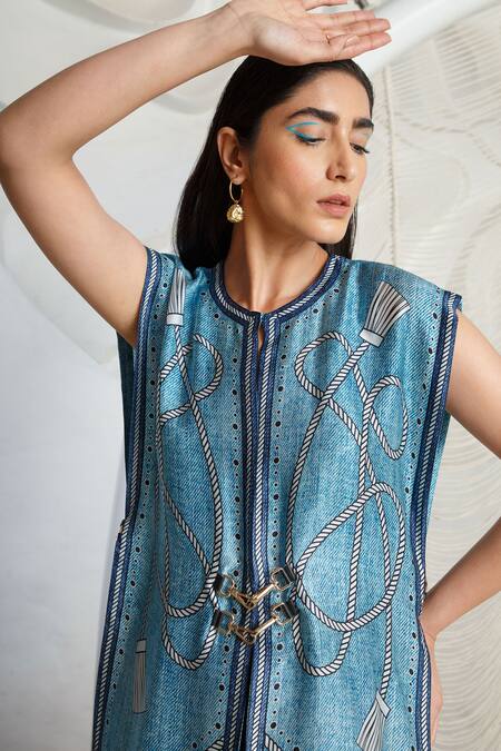 Shop_Kamaali Pret_Blue Bamberg Satin Printed Round Cover Up And Pant Set  _Online_at_Aza_Fashions