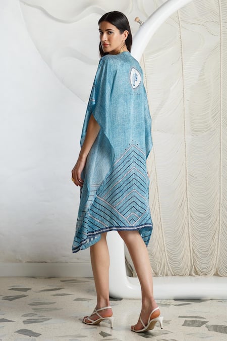 Shop Kamaali Pret Blue Bamberg Satin Horse Motif V Neck Print Kaftan at Aza Fashions Shop_Kamaali Pret_Blue Bamberg Satin Horse Motif V Neck Print Kaftan _at_Aza_Fashions