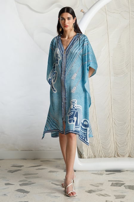 Buy Kamaali Pret Blue Bamberg Satin Horse Motif V Neck Print Kaftan Online at Aza Fashions Buy_Kamaali Pret_Blue Bamberg Satin Horse Motif V Neck Print Kaftan _Online_at_Aza_Fashions