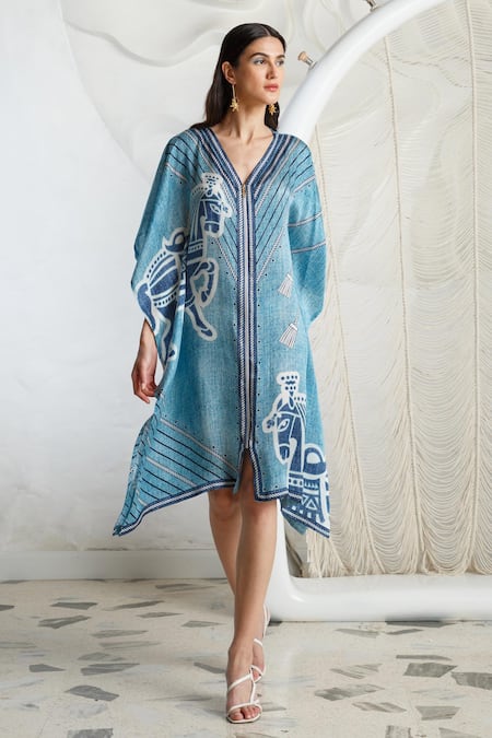 Shop Kamaali Pret Blue Bamberg Satin Horse Motif V Neck Print Kaftan Online at Aza Fashions Shop_Kamaali Pret_Blue Bamberg Satin Horse Motif V Neck Print Kaftan _Online_at_Aza_Fashions