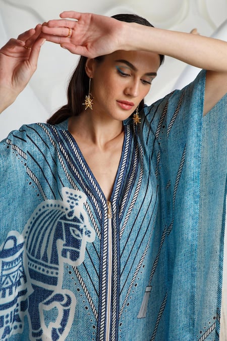 Kamaali Pret Blue Bamberg Satin Horse Motif V Neck Print Kaftan at Aza Fashions Kamaali Pret_Blue Bamberg Satin Horse Motif V Neck Print Kaftan _at_Aza_Fashions