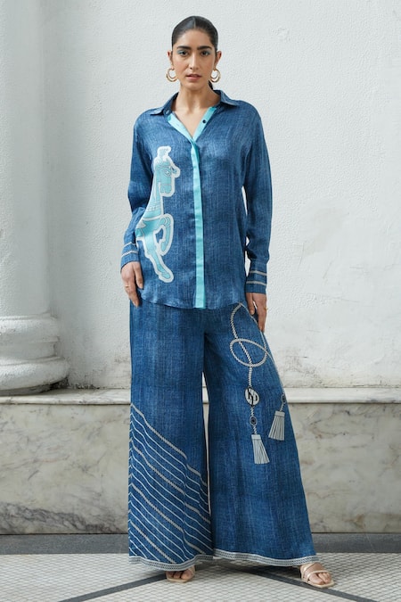 Kamaali Pret Blue Bamberg Satin Printed Stripe Rope Pant